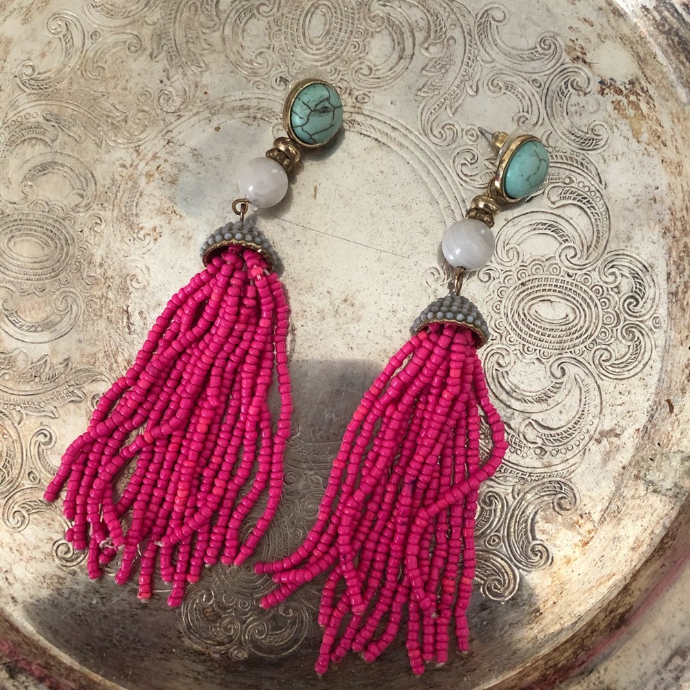 Pink and turquoise tassel earrings